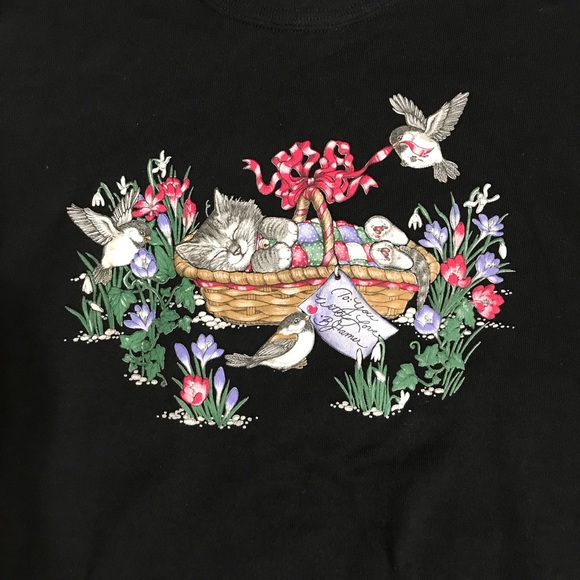 Vintage Sweaters - NOS Vintage Cat & Bird Floral Crewneck Sweatshirt